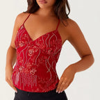 Sequin Beaded Backless Boho Halter Cami Top