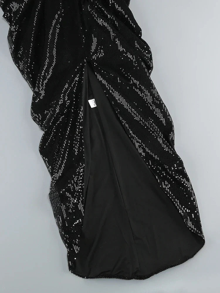 3D Flower Shiny Sequins Folds Long Dress