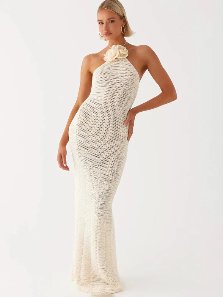 Knitted Crochet Slim Halter Beachwear Cover - Up Dress