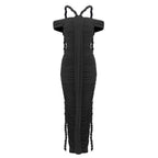 Slash Neck Pleated Braid Ribbon Long Dress