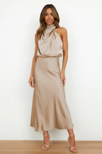 Vanessa Effortless Long Satin Dress with American Neckline Designer Edit