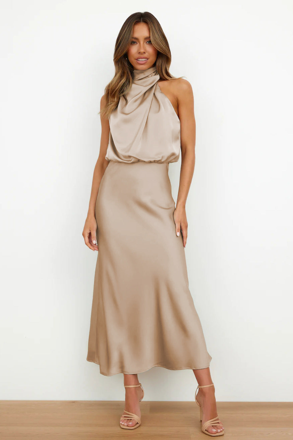 Vanessa Effortless Long Satin Dress with American Neckline Designer Edit