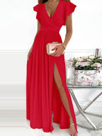 V Neck Printed Short Sleeve Slit Dress