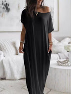 Women's Solid-Color Short-Sleeve Long Casual Dress