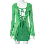 Long sleeve contrast print self tie ruffle mini dress