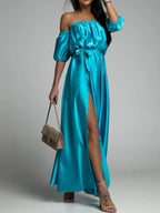 One Shoulder Short Sleeve Slit Dress