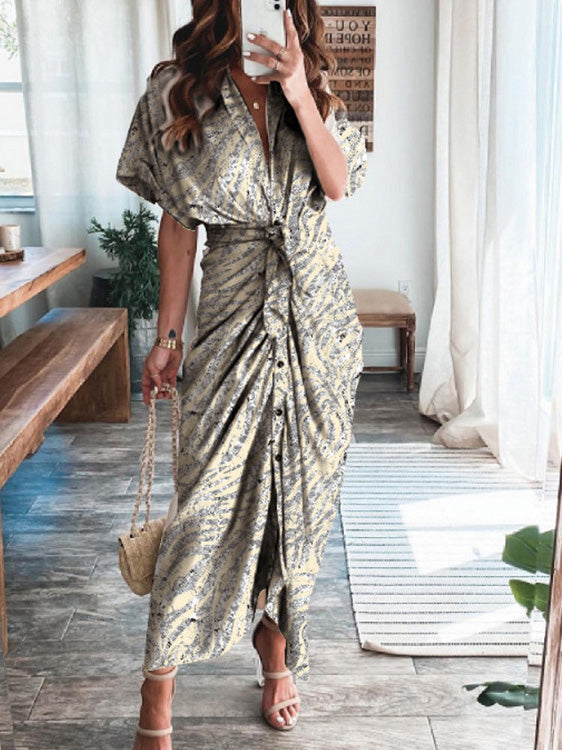 Textured Print Pleated Lace Up Short Sleeve Dress
