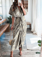 Textured Print Pleated Lace Up Short Sleeve Dress