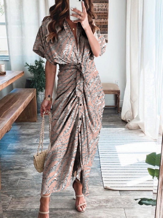 Textured Print Pleated Lace Up Short Sleeve Dress
