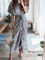 Textured Print Pleated Lace Up Short Sleeve Dress