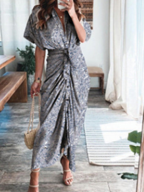 Textured Print Pleated Lace Up Short Sleeve Dress