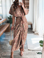 Textured Print Pleated Lace Up Short Sleeve Dress