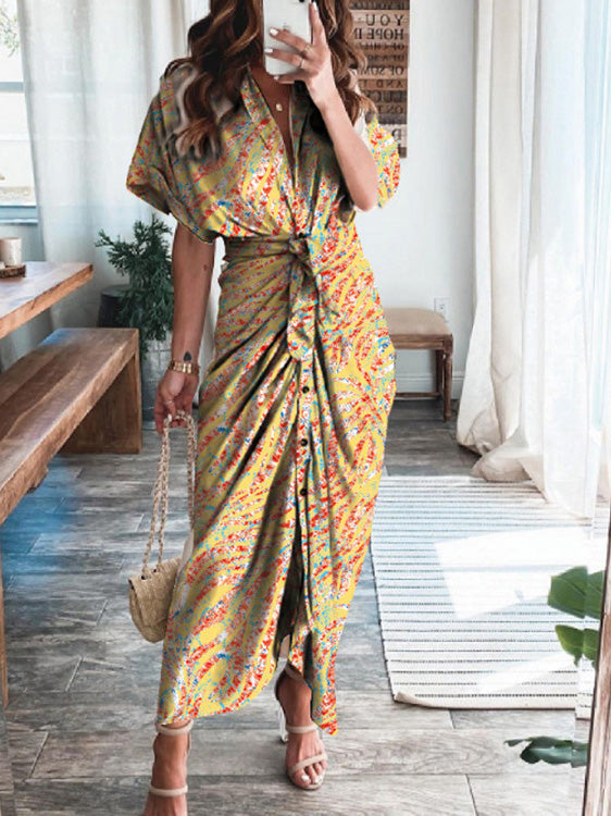 Textured Print Pleated Lace Up Short Sleeve Dress