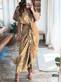 Textured Print Pleated Lace Up Short Sleeve Dress