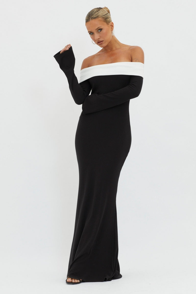 Nahir Minimalist Off the Shoulder Maxi Knit Dress Evening Wear Edit