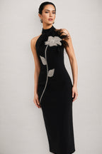 Thian Floral Embellished Feather Bandage Midi Dress