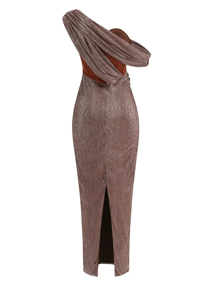 One Shoulder Draped Glitter Brown Maxi Dress