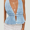 Denim Deep Vneck Backless Halter Laceup Cami Top