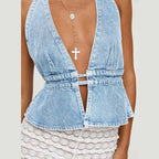 Denim Deep Vneck Backless Halter Laceup Cami Top