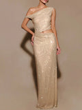 One Shoulder Exposed Waist Diamonds Long Dress