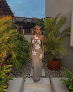 Knit Crochet Flower Applique Halter Maxi Dress