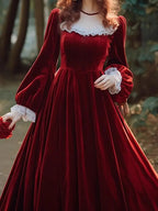 Elegant French Hepburn Velvet Drape Red Party Dress