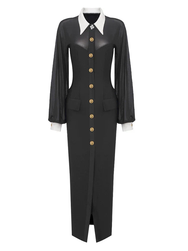 Lapel Mesh Patchwork Button Black Long Dress