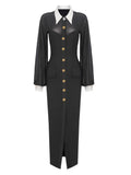 Lapel Mesh Patchwork Button Black Long Dress