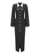 Lapel Mesh Patchwork Button Black Long Dress