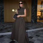 Slanted Collar Solid Pleated Long Dress