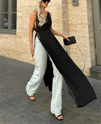 Lace Satin Patchwork High Split Maxi Dress