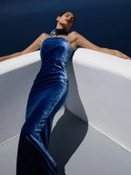 Blue Velvet Halter Sleeveless Maxi Dress