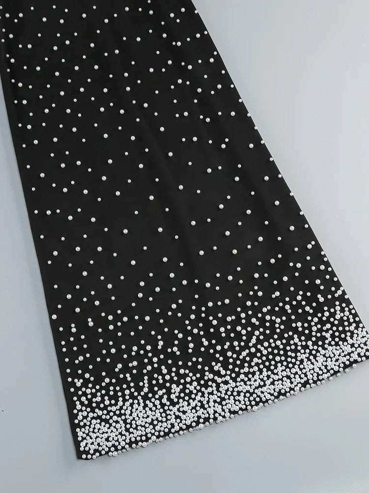 Black Strapless Pearls Beaded Embellished Maxi Dress