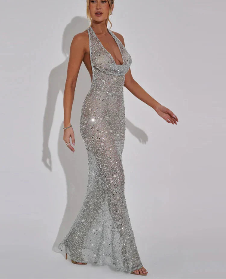 Sequins Crochet Halter Swinging Neck Long Dress