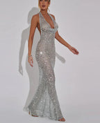 Sequins Crochet Halter Swinging Neck Long Dress
