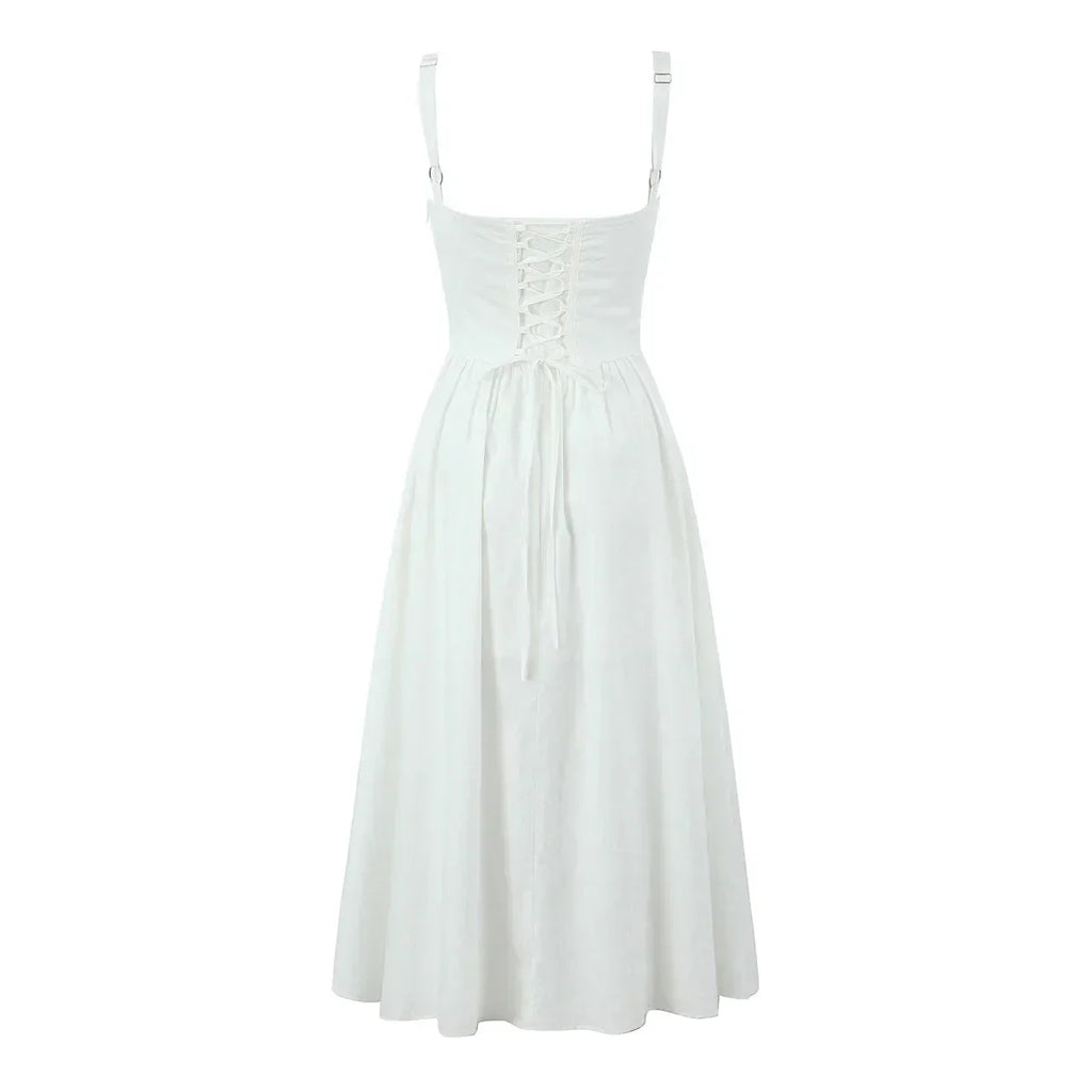 Wire Corset Style Low Waist White Midi Dress