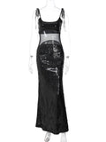 Sheer Mesh Spaghetti Strap Glitter Long Dress