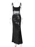 Sheer Mesh Spaghetti Strap Glitter Long Dress