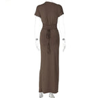 Short Sleeve Maxi Dress Curvy Silhouette & Flattering Tie - Up