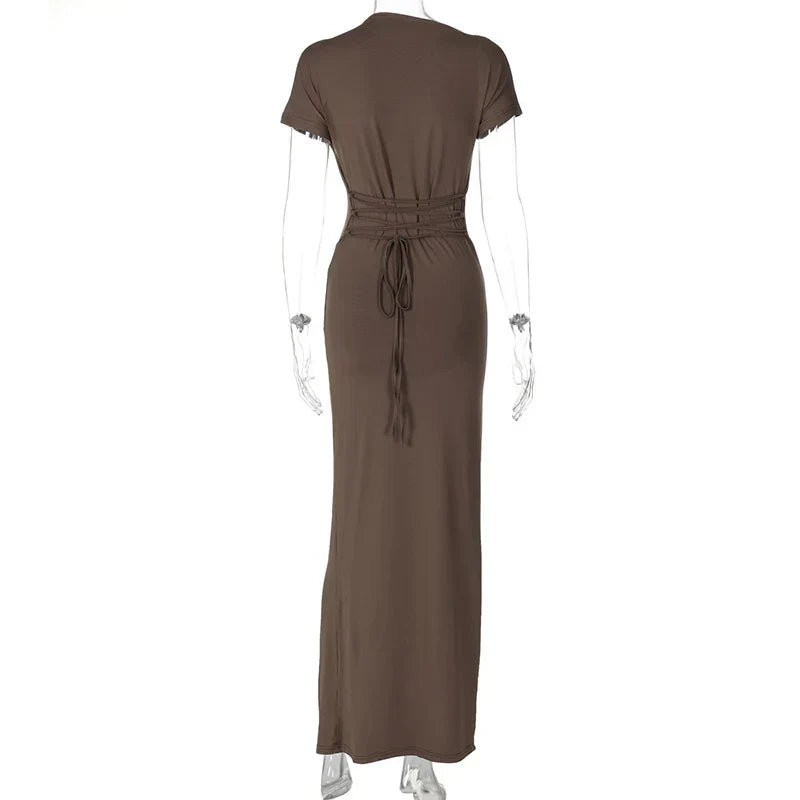 Short Sleeve Maxi Dress Curvy Silhouette & Flattering Tie - Up