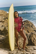 Long Sleeve Zipper Vintage Print One Piece Swimwear