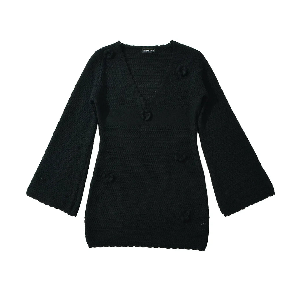 3D Flower Hand Crotch Full Flare Sleeve Sweater Dress
