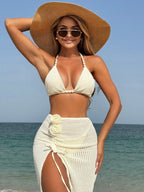 Knitted Triangle Cup Flower Side Slit Skirt Three Piece Swim Set