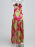 Strapless Retro Print Split Long Dress