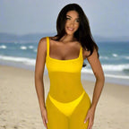 Mesh Square Neck Open Back Solid Long Dress