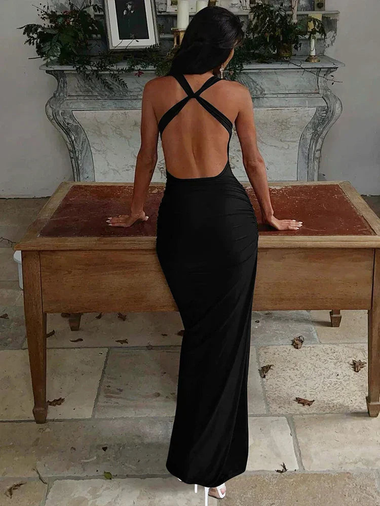 Metal Buckle Swing collar Backless Long Dress