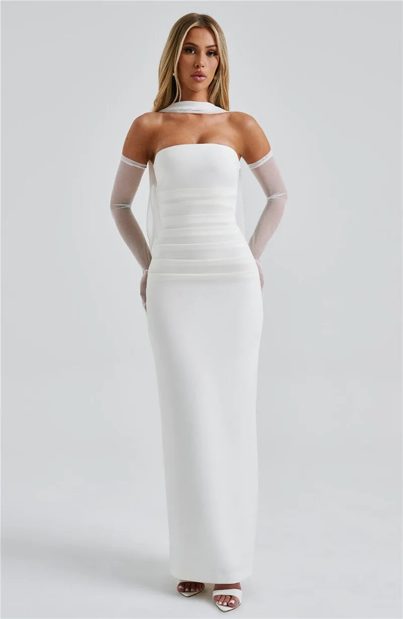 Scarf Collar Strapless Off - shoulder Long Dress