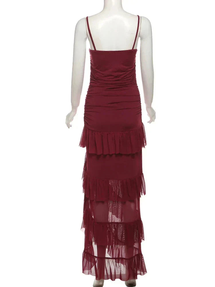 Ruffle Stacked Pleated Long Dress