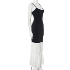 Black Strap White Frill Patchwork Maxi Dress