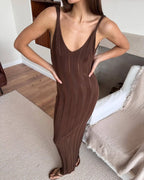Knit Ribbed Open Back Solid Long Dress